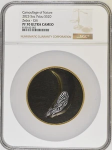 Camouflage of Nature Gilded 5 Oz Silver Coin 20$ Palau 2023 NGC PF70 Ultra Cameo - Picture 1 of 2