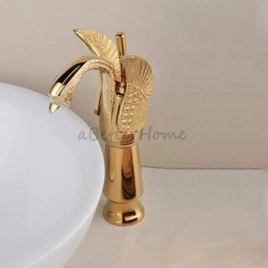 Luxury Gold Swan Faucet Bathroom Basin One Hole Tall Vessel Sink Water Mixer Tap - Picture 1 of 4
