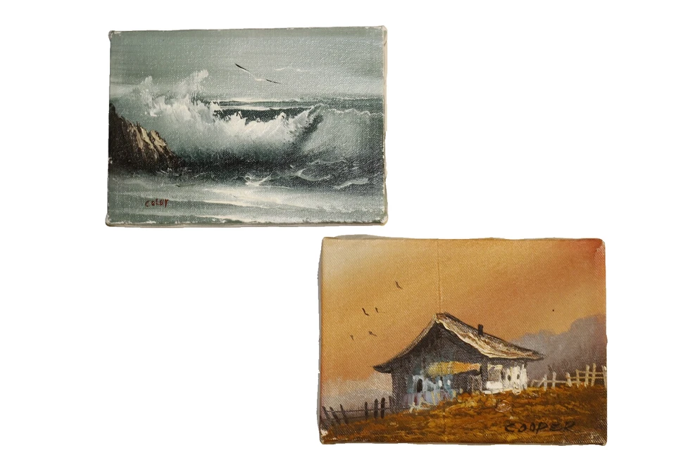 Mini pintura de paisaje original firmada Cooper - casa de campo rústica al atardecer, 5x7 Foto 1 de 4