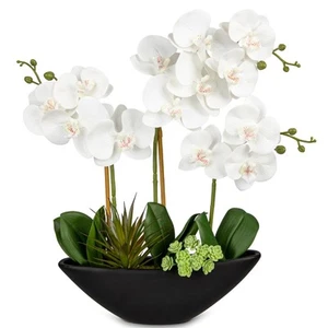 Orchid Fake Flowers 17in White Artificial Orchid Silk Flowers in Black Pot Fa... - Picture 1 of 6