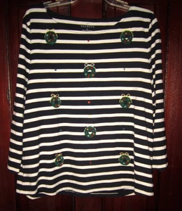Talbots XL Knit Top Tee Shirt Striped Print Christmas Wreaths Applique Blk White - Picture 1 of 3