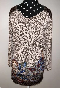 Camicetta boho SUSAN GRAVER leopardata con bordo paisley maglia liquida seta XL - Foto 1 di 16