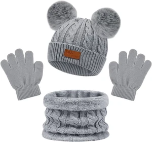 3 Pezzi Bambini Inverno Caldo Beanie Cappello Sciarpa Guanti Set, Caldo Lavorato - Foto 1 di 12