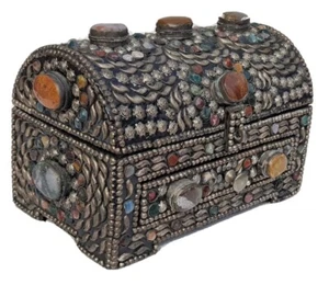 Large Moroccan Wedding Silvered Jewelry Inlaid Semi-Precious Stones trinket Box - Picture 1 of 12
