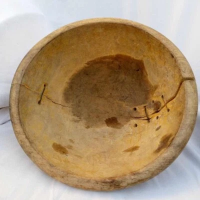 Antique Handmade 19th Century French Provincial Soft Wood Bowl Metal Repairs 11” - Image 1 of 4