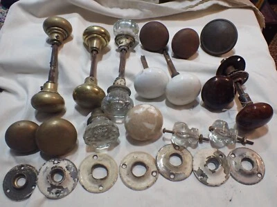 Vintage of 19 Doorknobs Assorted Shapes and sizes plates glass wood metal knobs - Image 1 of 4