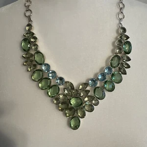 925 Sterling Silver Bib Necklace With Green Blue Yellow Stones 22” 98g - Picture 1 of 10