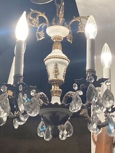 Vintage Porcelain brass crystal Prisms chandelier 5 Light 16”