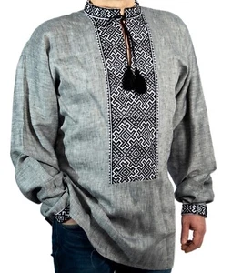 VYSHYVANKA Men Ukraine Embroidery SHIRT Gray Black Linen S-4XL - Picture 1 of 7