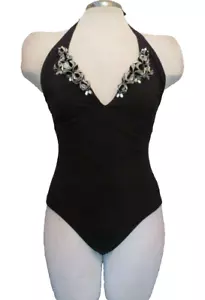 Gideon Oberson ~ Black Plunge Rosette Trim Halter 1 Piece Swimsuit 10 NEW $135 - Picture 1 of 6