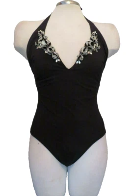 Gideon Oberson ~ Traje de baño halter roseta negra con 1 pieza 10 NUEVO $135 Foto 1 de 4