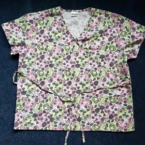 Amanda Womens Scub Top Pink Green Gray Hearts Pattern Tie Back Size 2X - Picture 1 of 8