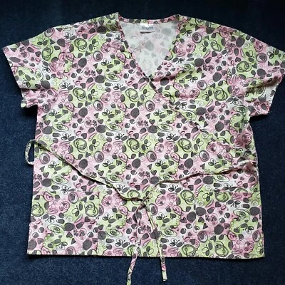 Amanda Womens Scub Top Pink Green Gray Hearts Pattern Tie Back Size 2X - Image 1 of 4