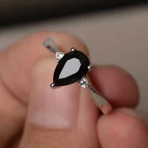 1.00Ct Pear Cut Lab-Created Black Diamond Engagement Ring 14K White Gold Plated - Picture 1 of 10