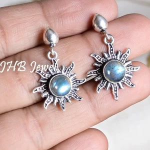 Blue Fire Labradorite Gemstone 925 Sterling Silver Sun Earring For Christian - Picture 1 of 4