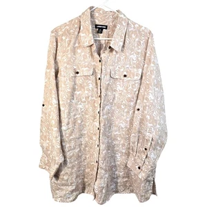 Lands End Bluse Damen 2X hellbraun weiß Leinen tropische Palmen Küste Sommer Strand - Bild 1 von 12