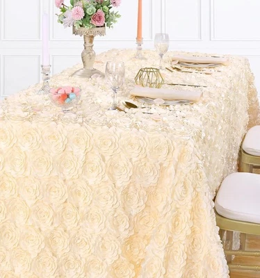 Ivory Tablecloth 90x156 Inch Rosette Wedding Table Cloth Rectangle 3D Stain F... - Image 1 of 4