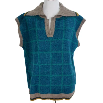 Anthropologie Current Air Sweater Vest Womens Size L Blue Check Brown Collar NEW - image 1 of 4