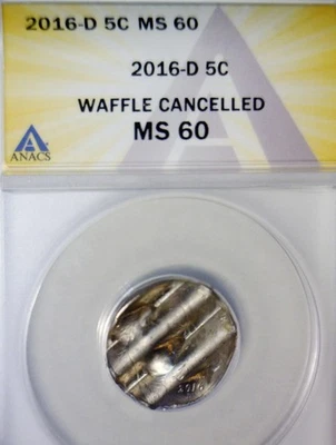2016d ERROR ANACS MS60 WAFFLED Jefferson Nickel BU+ Coin STRUCK Waffle w Details - Image 1 of 4