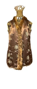 Womens Vest Rabbit Fur  Reversible Sz 8  S/M  Silk Brown Intricate Embroidery - Picture 1 of 13
