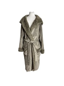 Acogedora bata de felpa Pottery Barn Sherpa con capucha gris talla grande bolsillos con cinturón - Imagen 1 de 9