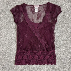 Voli Top Womens Petite Small Purple Lace Sheer Short Sleeve Floral Layered PS - Picture 1 of 6