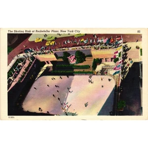Vintage Rockefeller Plaza Skating Rink NYC Linen Postcard Unposted - Picture 1 of 2