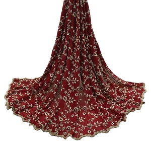 Indian Vintage Heavy Bridal Dupatta Maroon Pure Georgette Silk Hand Embroidered - Picture 1 of 21