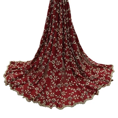 India Vintage Pesada Novia Dupatta Granate Pura Georgette Seda Bordada a Mano Foto 1 de 4