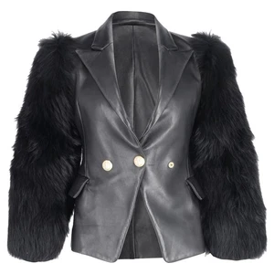 Balmain Single Breasted Fur Sleeve Blazer in Black Leather - Picture 1 of 3