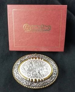 CRUMRINE Belt Buckle Heavy Silver Plate on Jewelers Bronze Floral 2-TONE NEW NOS - Picture 1 of 18