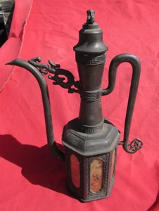 Antikes altes Metall Urnengefäß signiert chinesischer Henkel Deckel mit Bildern rundum - Bild 1 von 17