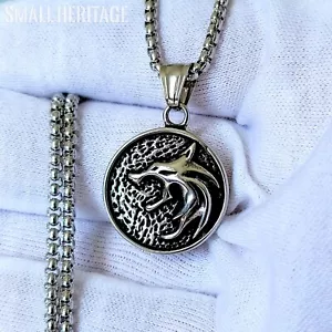 Wolf Head Necklace Stainless Steel Small Viking Pendant Wizard Amulet Men Women - Picture 1 of 11
