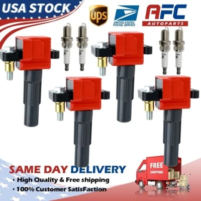 Ignition Coil UF480 4PCS RED  For 2002-03 Subaru Impreza WRX 2.0L H4+spark plugs - Image 1 of 4