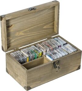 Gray Brown Wood Audio Cassette Tape Storage Box, 4 Slots Cassette Organizer