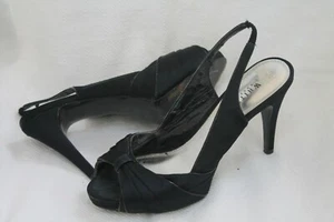 White House Black Market Black Satin Peep Toe Thriller Heels Size 8 Medium - Picture 1 of 10
