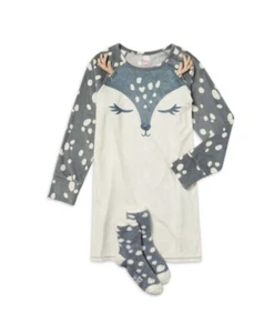 NWT Girls 16-18 Justice Deer Nightgown Sleep Shirt Pajamas w/ FUZZY SOCKS Gray - Picture 1 of 6