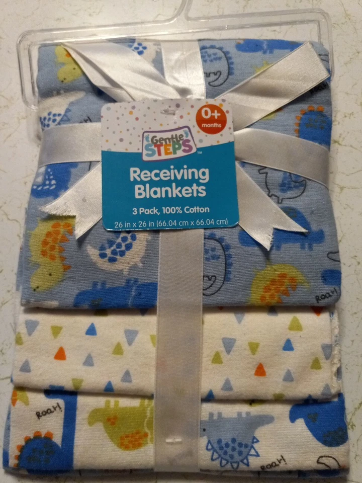 Gentle Steps Swiggles Dinosaurs 3 PK Baby Receiving Blanket 26x26 Each