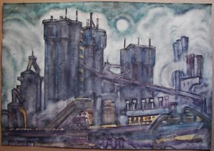 Ukrainian Soviet watercolor painting industrial cityscape Azovstal plant factory - Picture 1 of 8
