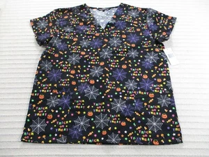 Cassandra O Womens Scrub Shirt Large Black Halloween Spider Wed V Neck Pockets - Picture 1 of 11