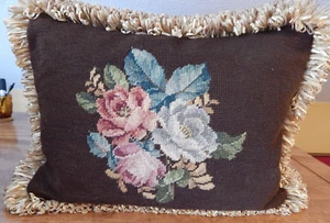 20" x 16" NEEDLEPOINT PILLOW BROWN BACKGROUND LARGE FLORAL DESIGN - Picture 1 of 7