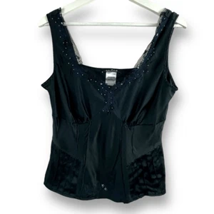 Tribal Women's 8 Lace Trim Silk Corset Tank Top Black Dark Fairycore Y2K Beaded - Picture 1 of 8