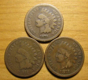 LOTE DE (3) CENTAVOS CABEZA INDIA 1873 1874 1875 DE COLECCIÓN DE MONEDAS DE EE. UU. JUEGO DE CENTAVOS - Imagen 1 de 2