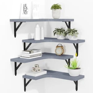 ROMGUAR CRAFT Corner Floating Shelves Wall Mounted Set of 4, Rustic Wood Stor... - Picture 1 of 7