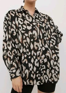H&M 100% Linen Oversized Small Blouse Button Down Long Sleeve Animal Print Top - Picture 1 of 11