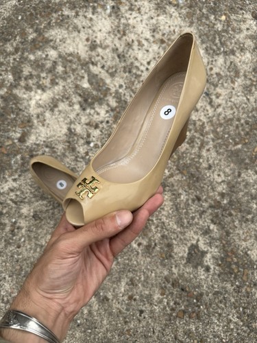 Tory Burch Jade 85 mm tacco TG 8 marrone punta aperta zeppa vernice décolleté 31396