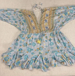 Top túnica Aakaa para mujer mediano azul amarillo estampado floral cuello en V volantes dobladillo boho - Imagen 1 de 11