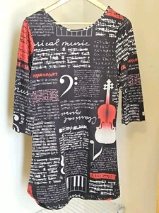 Azalea By Firmiana Women Large Musical Music Note 3/4 Sleeve Tunic Top Red Black - Picture 1 of 8