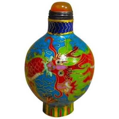 Botella de tabaco Cloisonne china vintage de 1900 dragón con cinco garras y tapa Foto 1 de 4