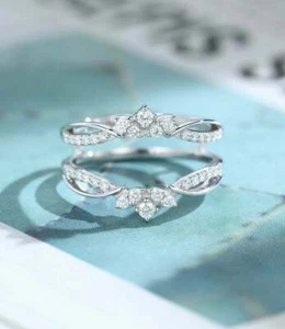 14K White Gold Over 0.50 Ct Simulated Diamond Curved Wedding Enhancer Ring - Picture 1 of 7